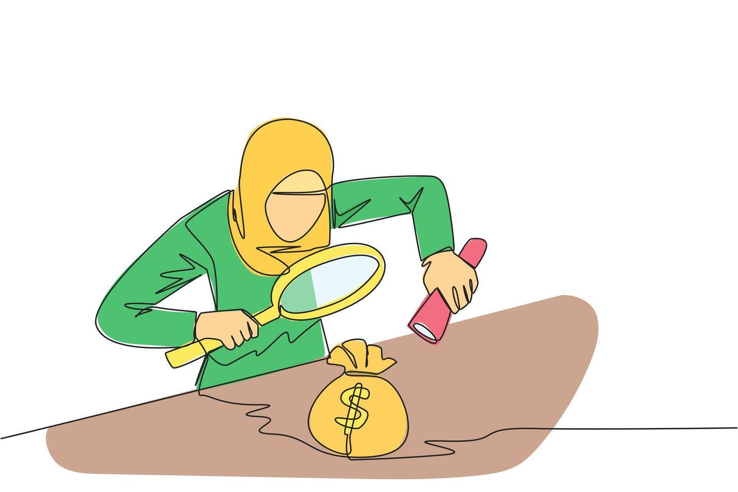 Single continuous line drawing of Arabian businesswoman holds a magnifier and flashlight, then checks the money bag. Investigate money bag ownership. Style like detective. One line illustration vector