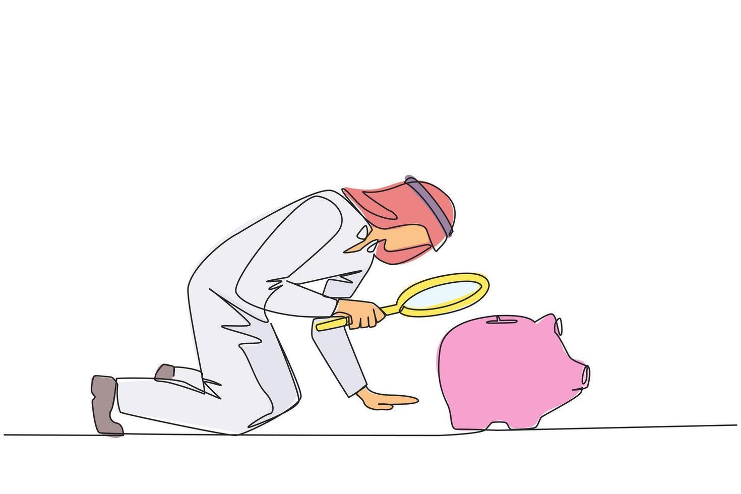 Single one line drawing Arabian businessman holding magnifying glass looking at piggy bank. A stagnant business requires additional capital from piggy bank. Continuous line design graphic illustration vector