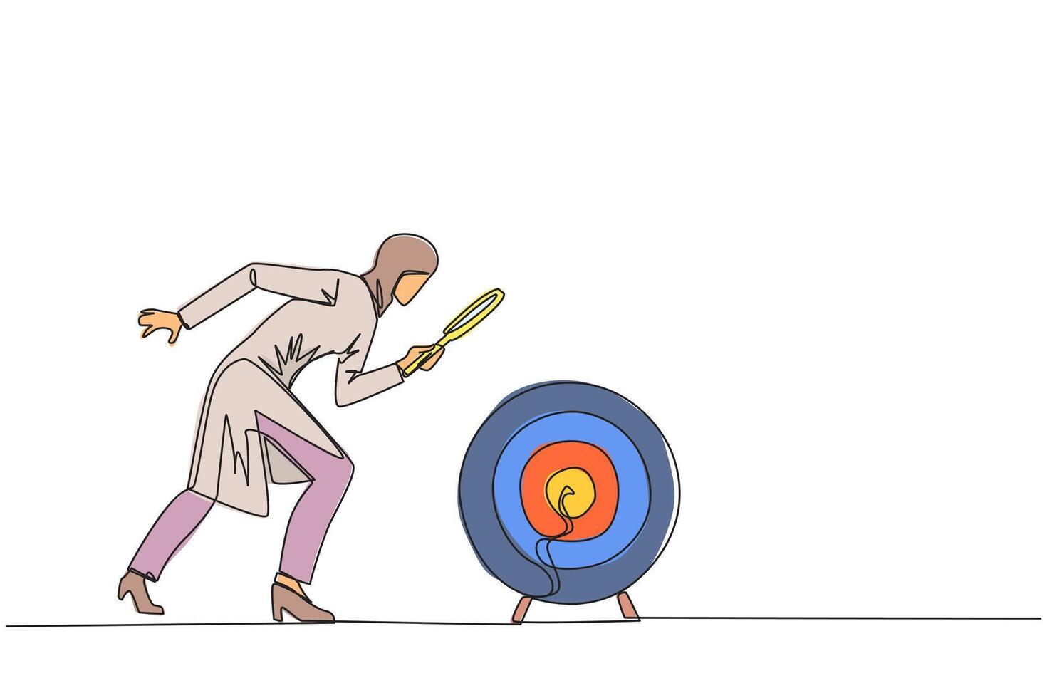 Single one line drawing young Arabian businesswoman holds magnifying glass look at target arrow board. Businesswoman looking for ways to focus on growing business. Continuous line graphic illustration vector