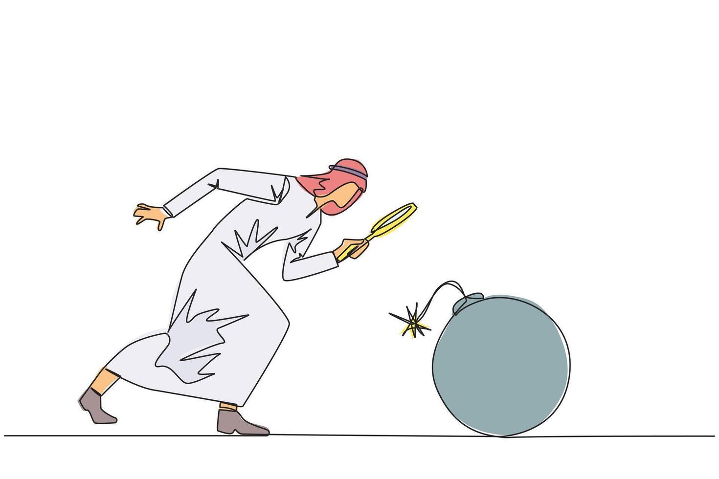 Single continuous line drawing Arabian businessman holding magnifying glass look at large bomb with a burning fuse. Preventing explosions like preventing business destruction. One line design vector