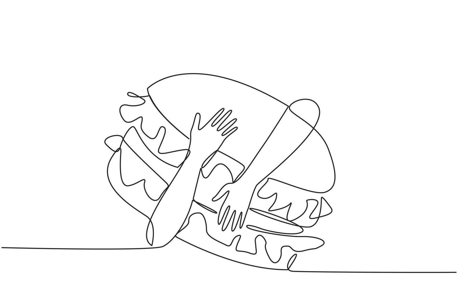 Single one line drawing of hands hugging burger. Food in the form of a loaf of bread containing chopped beef. Usually served with soft drinks. Junk food. Continuous line design graphic illustration vector