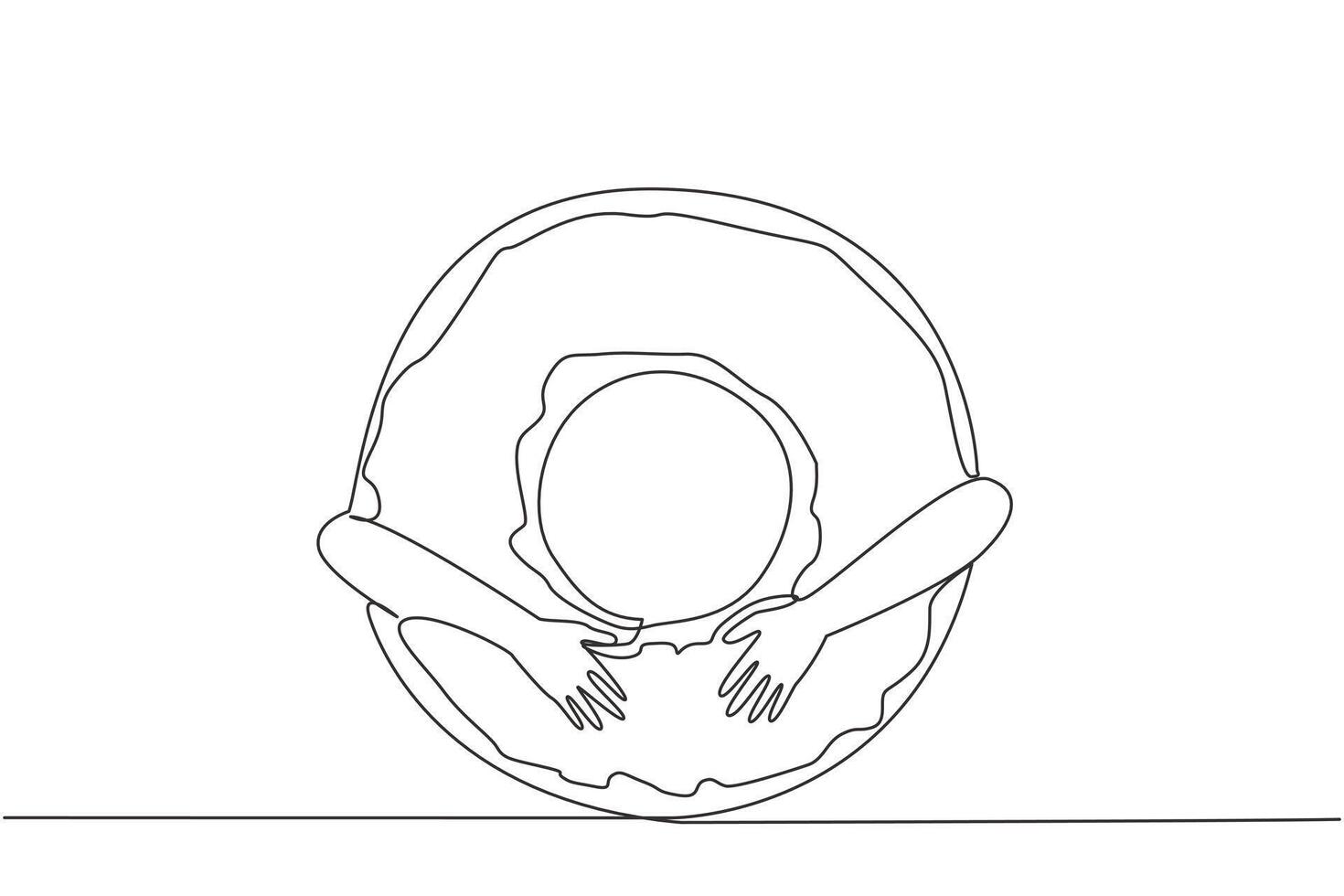 Single continuous line drawing of hands hugging donut. Cake that has a characteristic form of a hole in the middle. Made from wheat flour which has meses topping on top. One line illustration vector