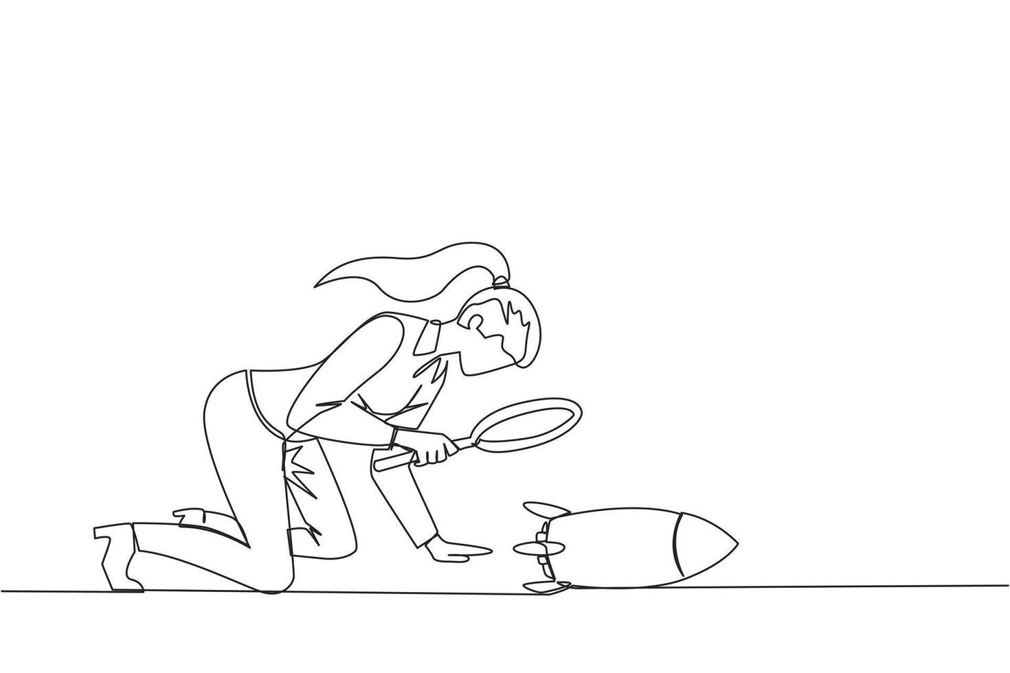 Single one line drawing businesswoman holding magnifying glass highlights rockets. Analyze details for launching a new business. The beginning of a new era. Continuous line design graphic illustration vector