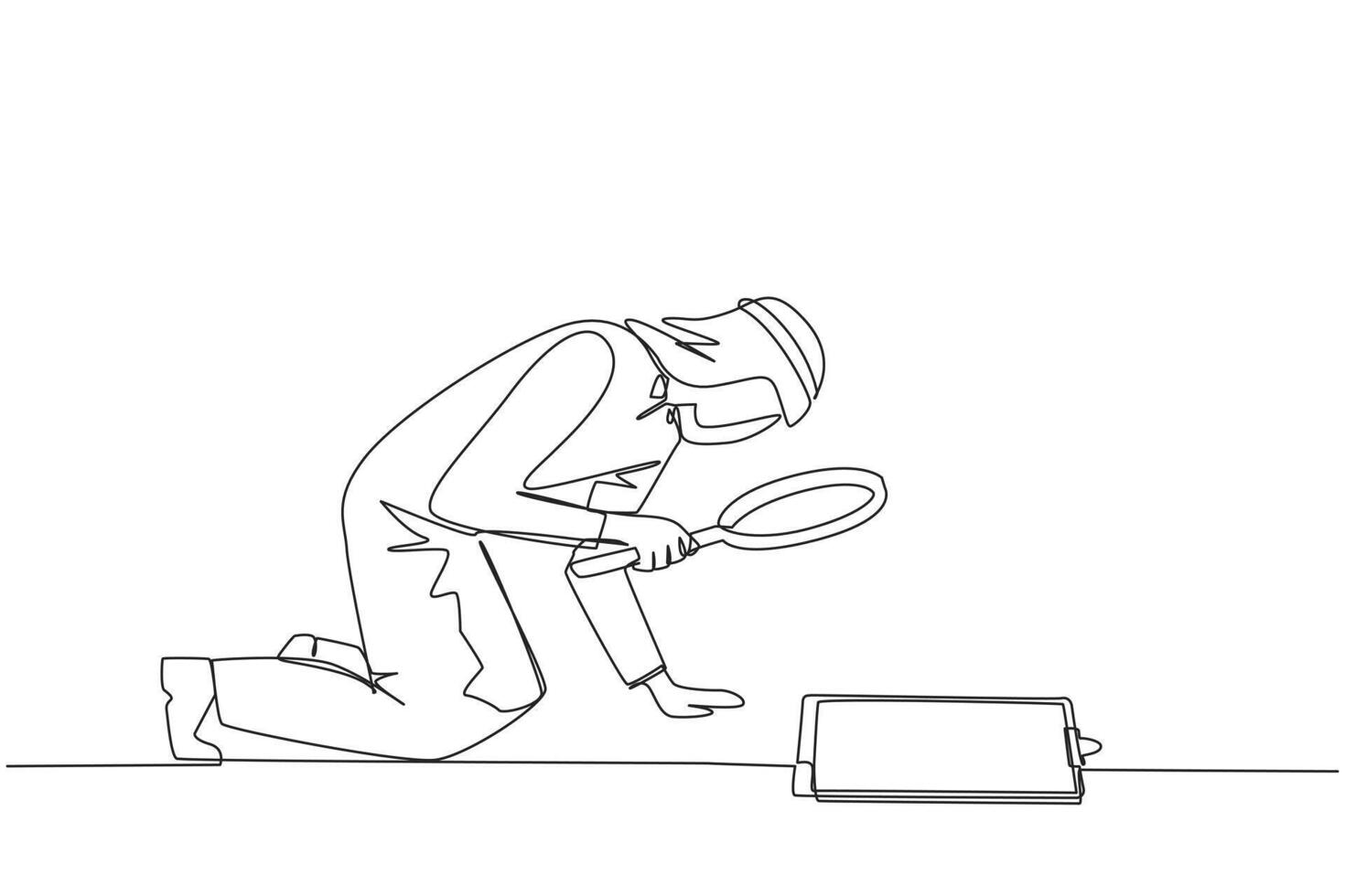 Continuous one line drawing Arabian businessman holding magnifying glass look at clipboard. Businessman make sure by checking back work that may have been missed. Single line draw illustration vector