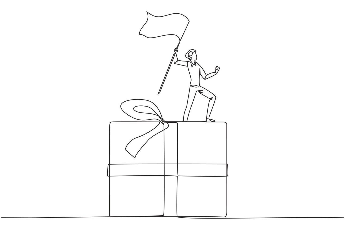 Single one line drawing of businessman standing on giant gift box raising flag. Businessman provide year-end bonuses to all employees. Business reward. Continuous line design graphic illustration vector