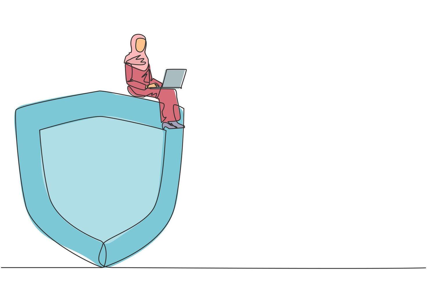 One single line drawing Arabian businesswoman sitting on giant shield. Make a program for data security on a laptop computer from hacker attacks. Network security administrator. Continuous line design vector
