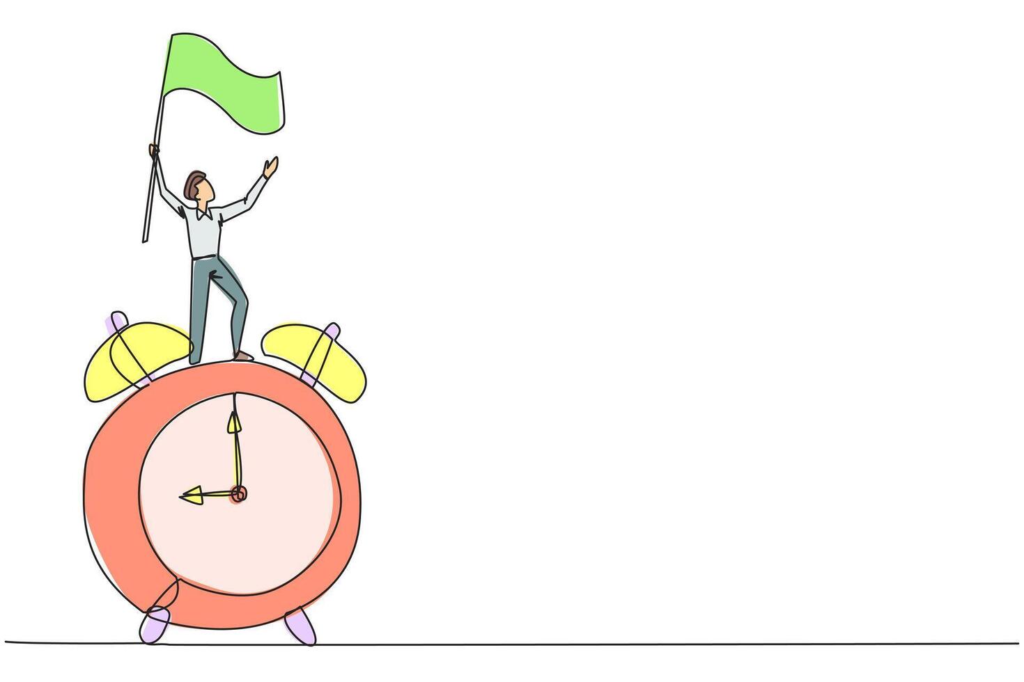 Single one line drawing young businessman standing on giant alarm clock raising flag in the hand. Enjoy business success when the deadline ends. Triumph. Continuous line design graphic illustration vector