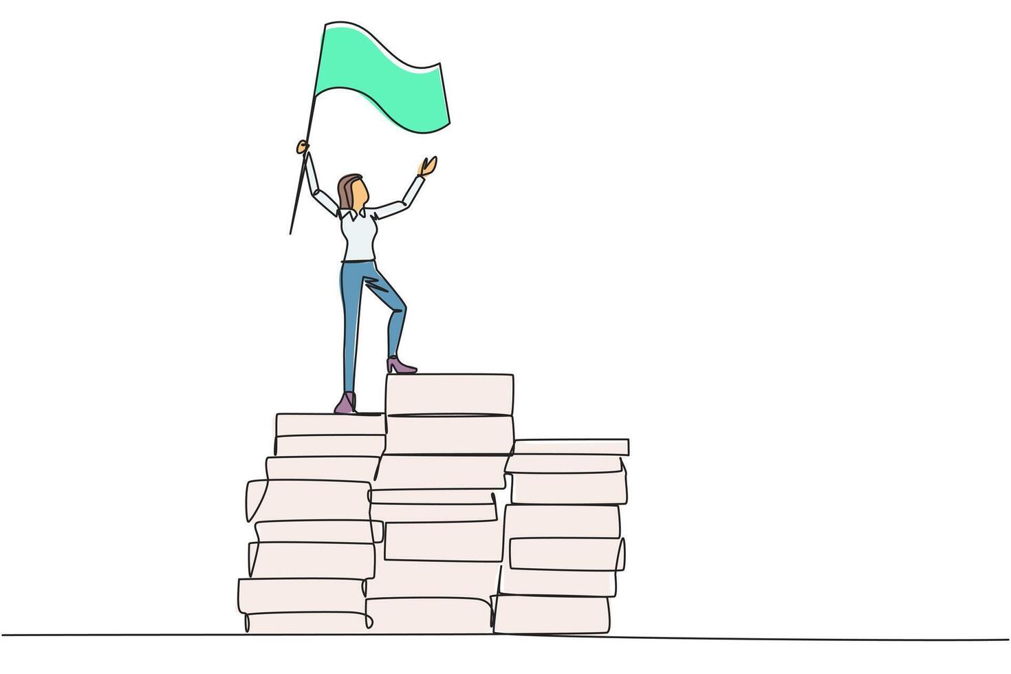 Single one line drawing of businesswoman standing on piles of paper document raising flag. Create business plan with lots of data. Winner even though there is a lot of work. Continuous line design vector