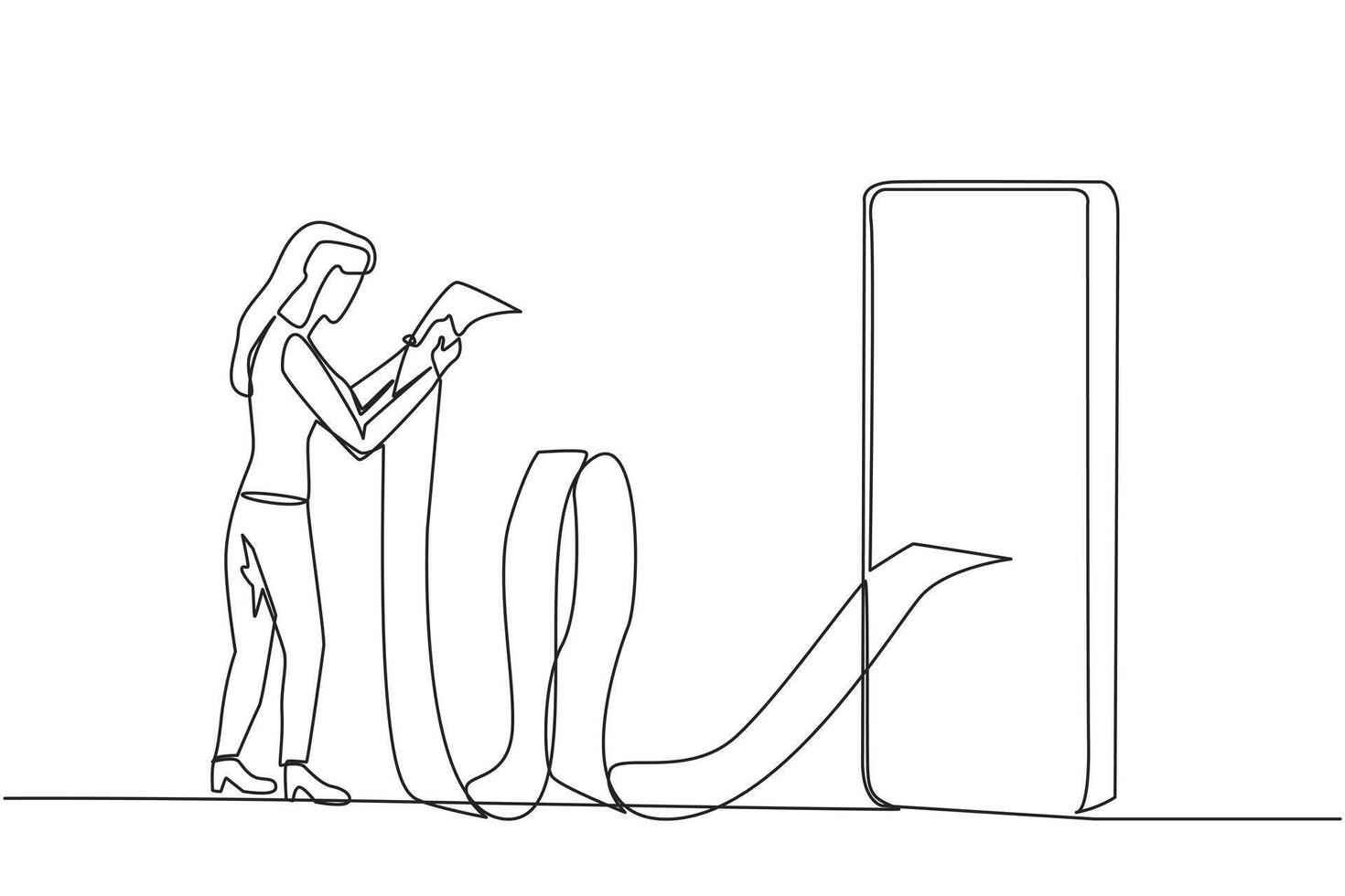 Single one line drawing of businesswoman holding billing paper roll coming out of smartphone. Billing which contains online payments, transfer transactions. Continuous line design graphic illustration vector