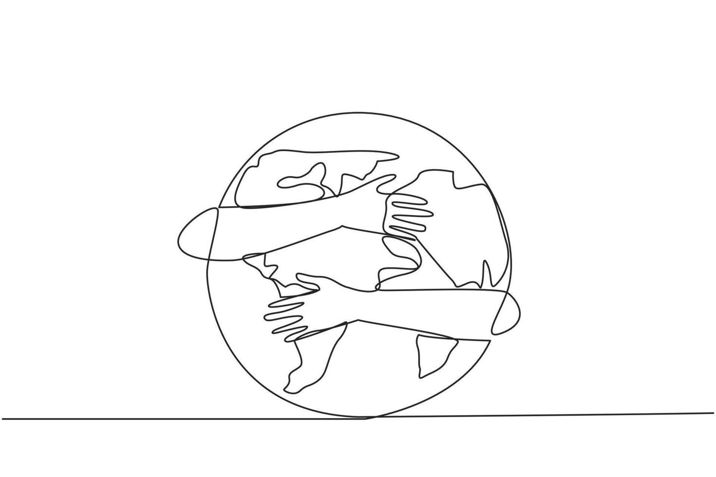 Single continuous line drawing of hands hugging globe. Keeping the earth green so that it remains suitable for human life. Concept of World Environment Day. One line design illustration vector