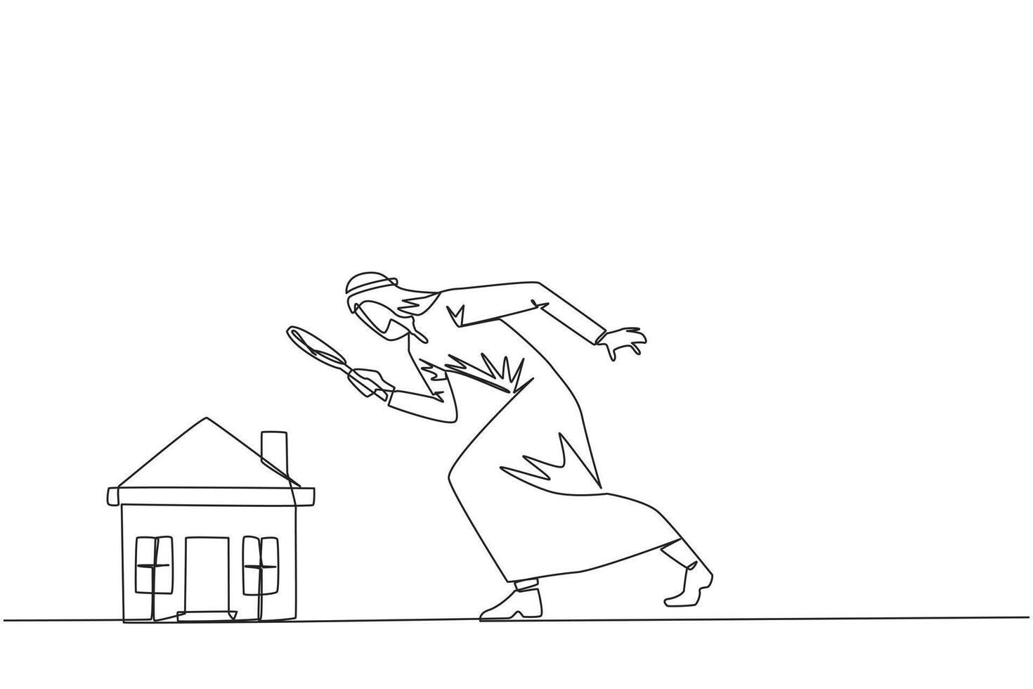 Single continuous line drawing of Arabian businessman holding magnifying glass looking at miniature house. Get ready to make passive income after viewing a house. One line design illustration vector