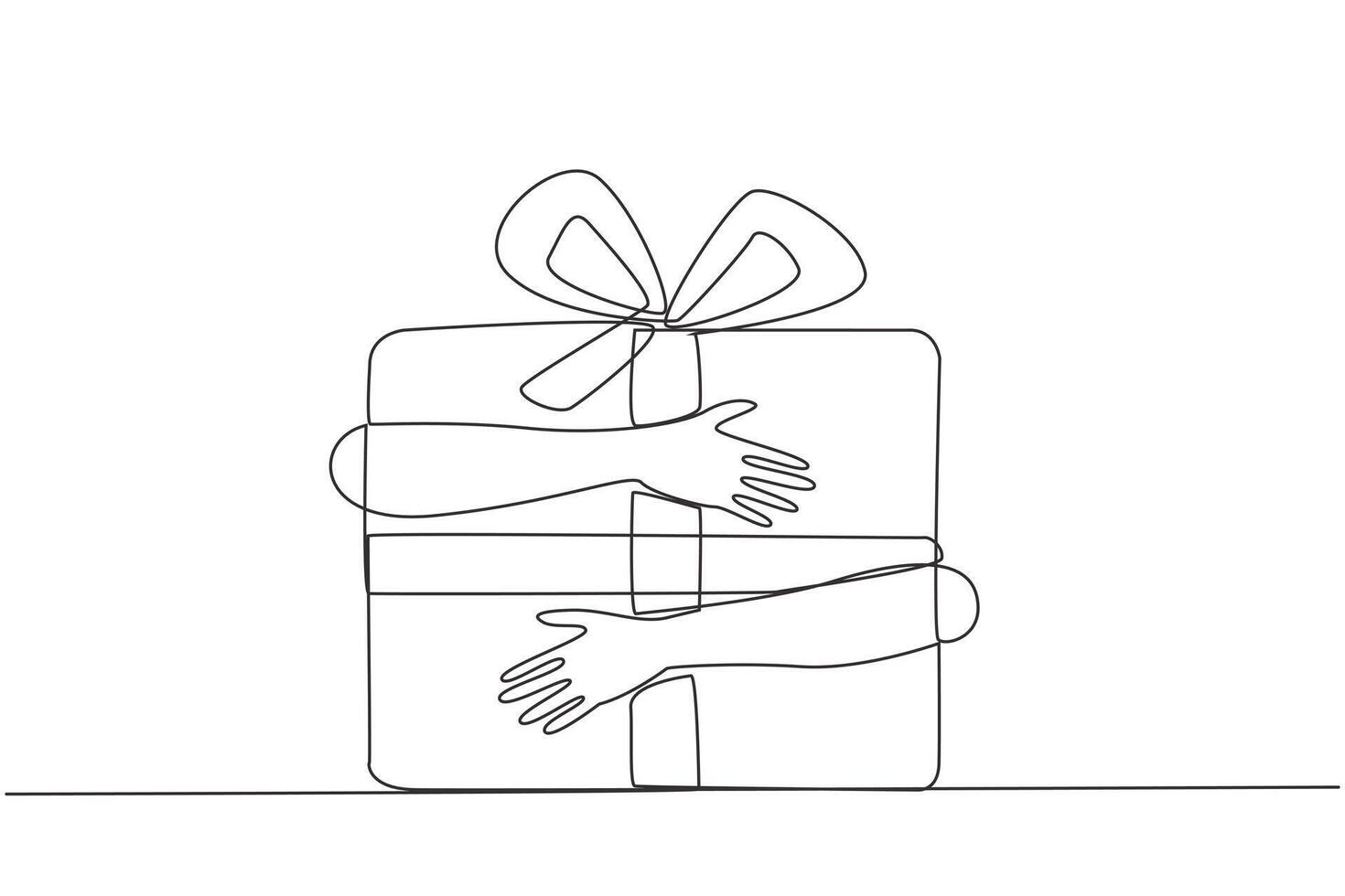 Single continuous line drawing of hands hugging gift box with red ribbon. Smart work that results in year-end bonuses. Work hard. Work smart. Sincere work. Get the bonus. One line illustration vector