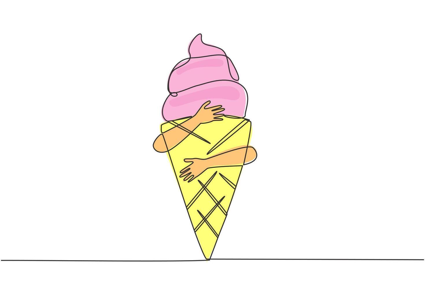 Single one line drawing human hands hugging ice cream. Snacks with high sugar levels are not good for the health of body. The first cones were produced in 1896. Continuous line graphic illustration vector