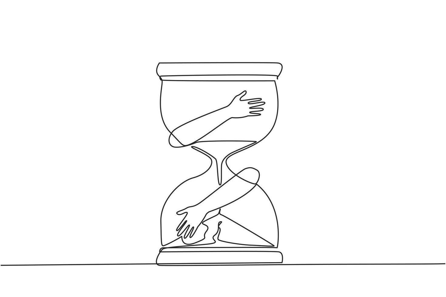 Continuous one line drawing of hands hugging hourglass. No time is allowed to be wasted in taking advantage of business opportunities. Metaphor of time is money. Single line draw illustration vector