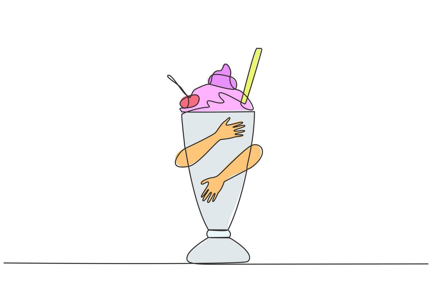 Single continuous line drawing human hands hugging milkshake. Drinks made from fresh milk or fresh liquid milk mixed with ice cream. Chocolate is favorite flavour. One line design illustration vector
