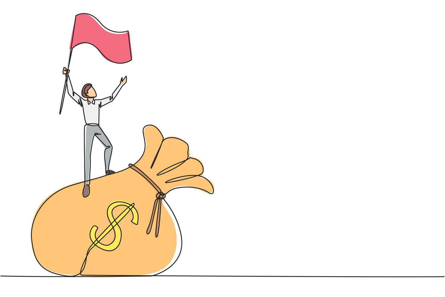 Single continuous line drawing young businessman standing on giant money bag raising flag. Victory or business achievement obtained for his smart work in managing the business. One line design vector