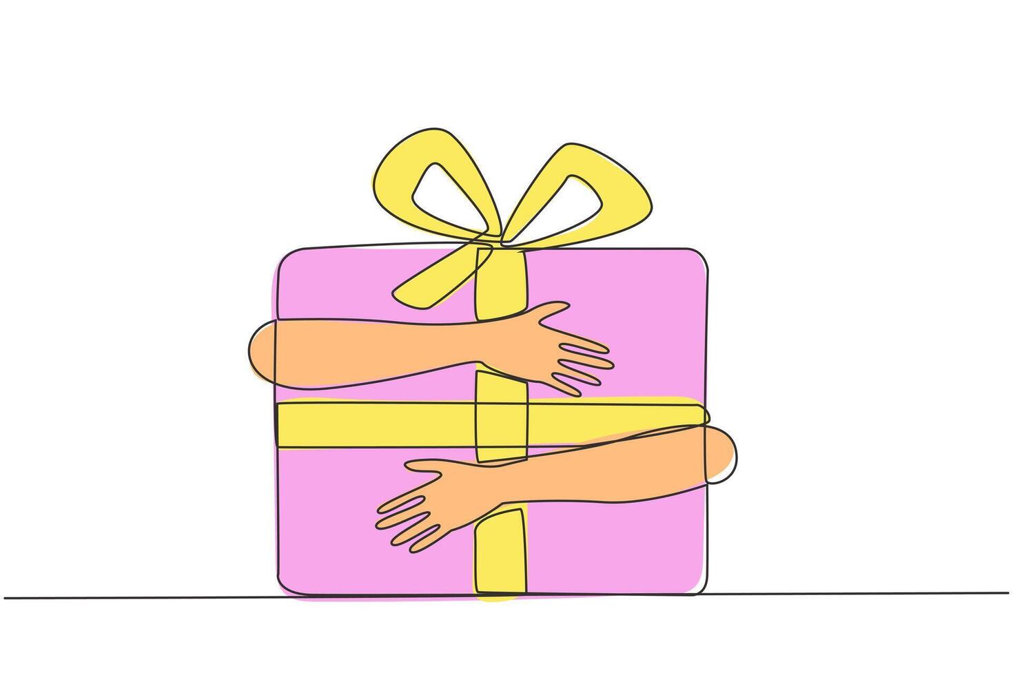Single continuous line drawing of hands hugging gift box with red ribbon. Smart work that results in year-end bonuses. Work hard. Work smart. Sincere work. Get the bonus. One line illustration vector