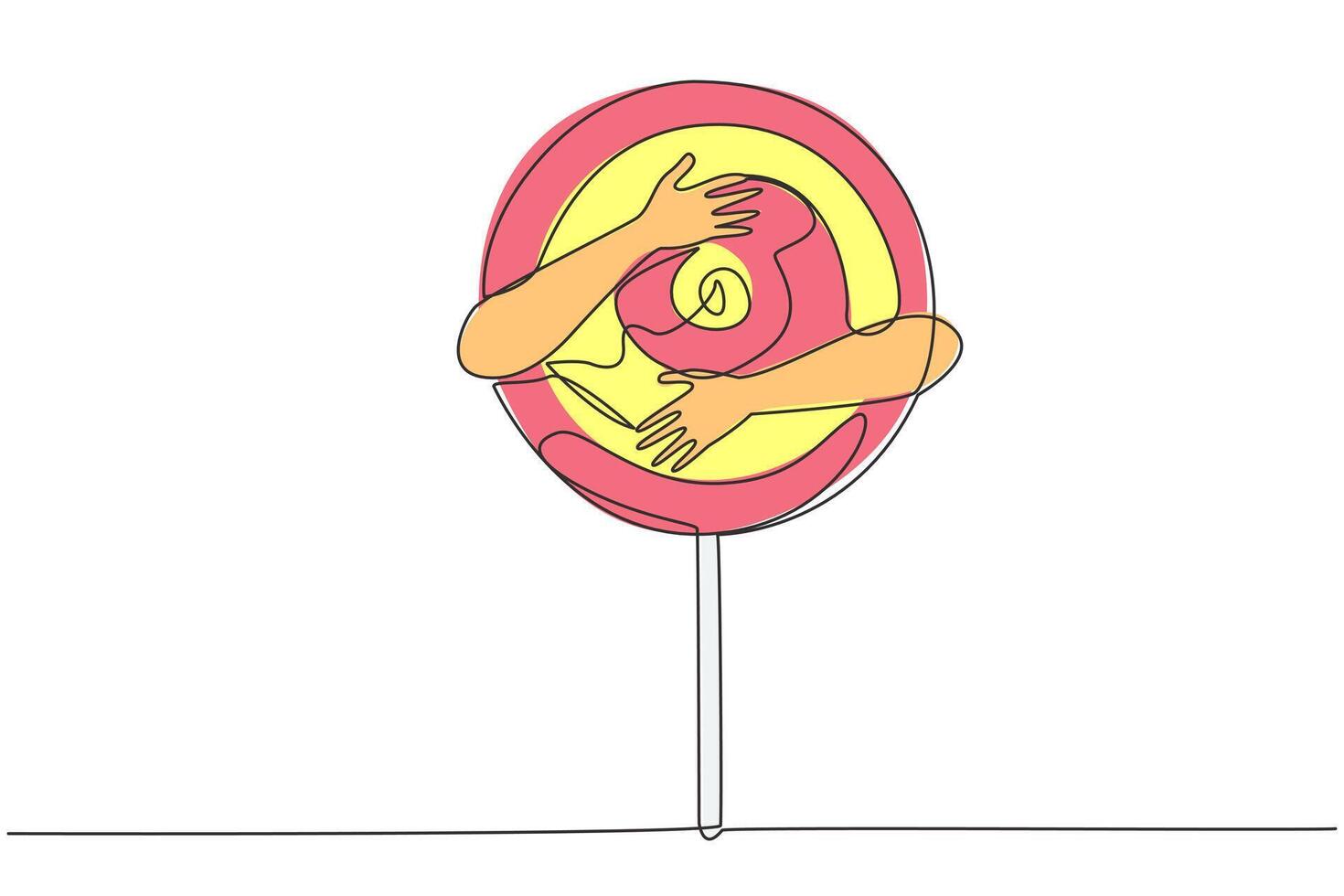 Continuous one line drawing human hands hugging lollipop. One of popular snacks that have sweet taste with colorful colors. Has a distinctive shape because has a stalk. Single line draw design vector