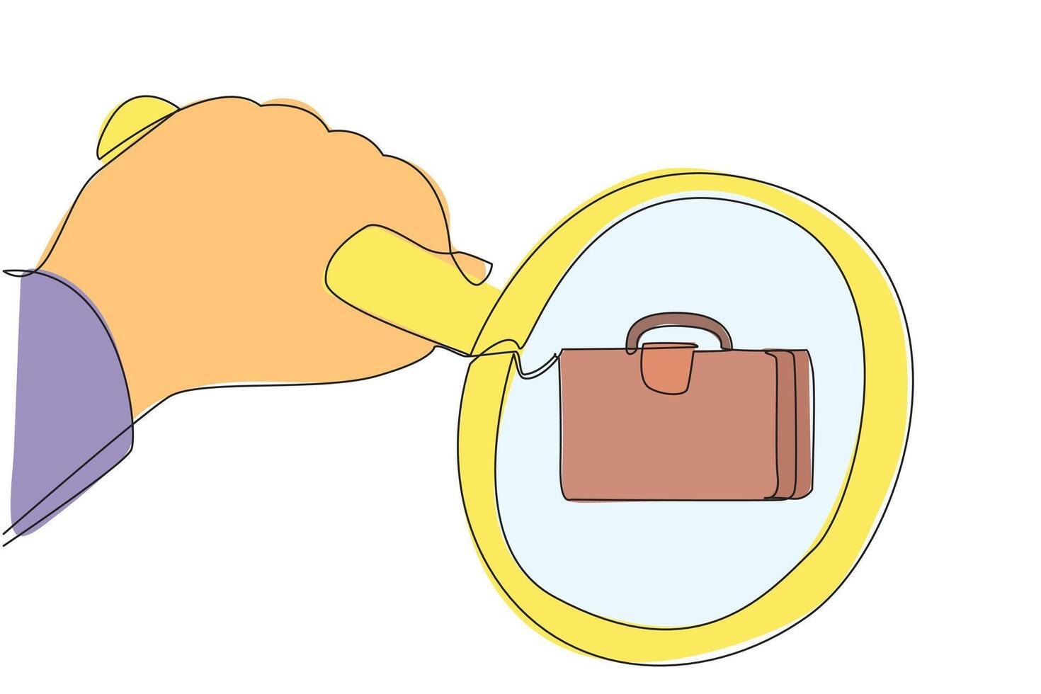 Single continuous line drawing big hand holding magnifying glass highlights briefcase. Like a detective, checking the briefcase so that the quality is suitable for business. One line design vector