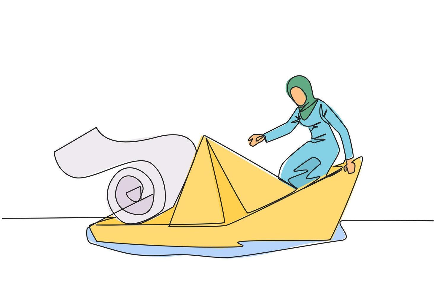 Single continuous line drawing Arabian businesswoman boarded a paper boat loaded with rolls of paper bills and almost drowned. Spending more than income. Pegs large than poles. One line design vector