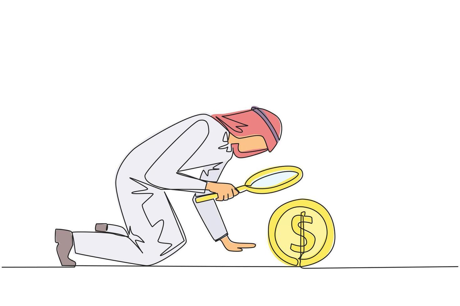 Single continuous line drawing Arabian businessman holding magnifying glass look at a coin dollar symbol. Collecting every coin from profits is valuable. Benefit. One line design illustration vector