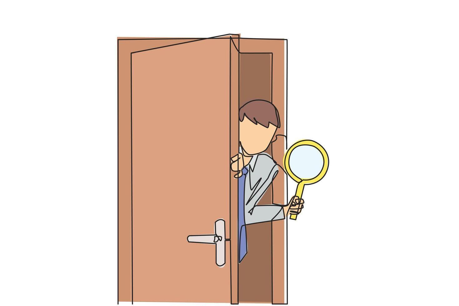 Single one line drawing of businessman came out from behind the door holding a magnifier. Invite business partners to join so that the business is stronger. Continuous line design graphic illustration vector