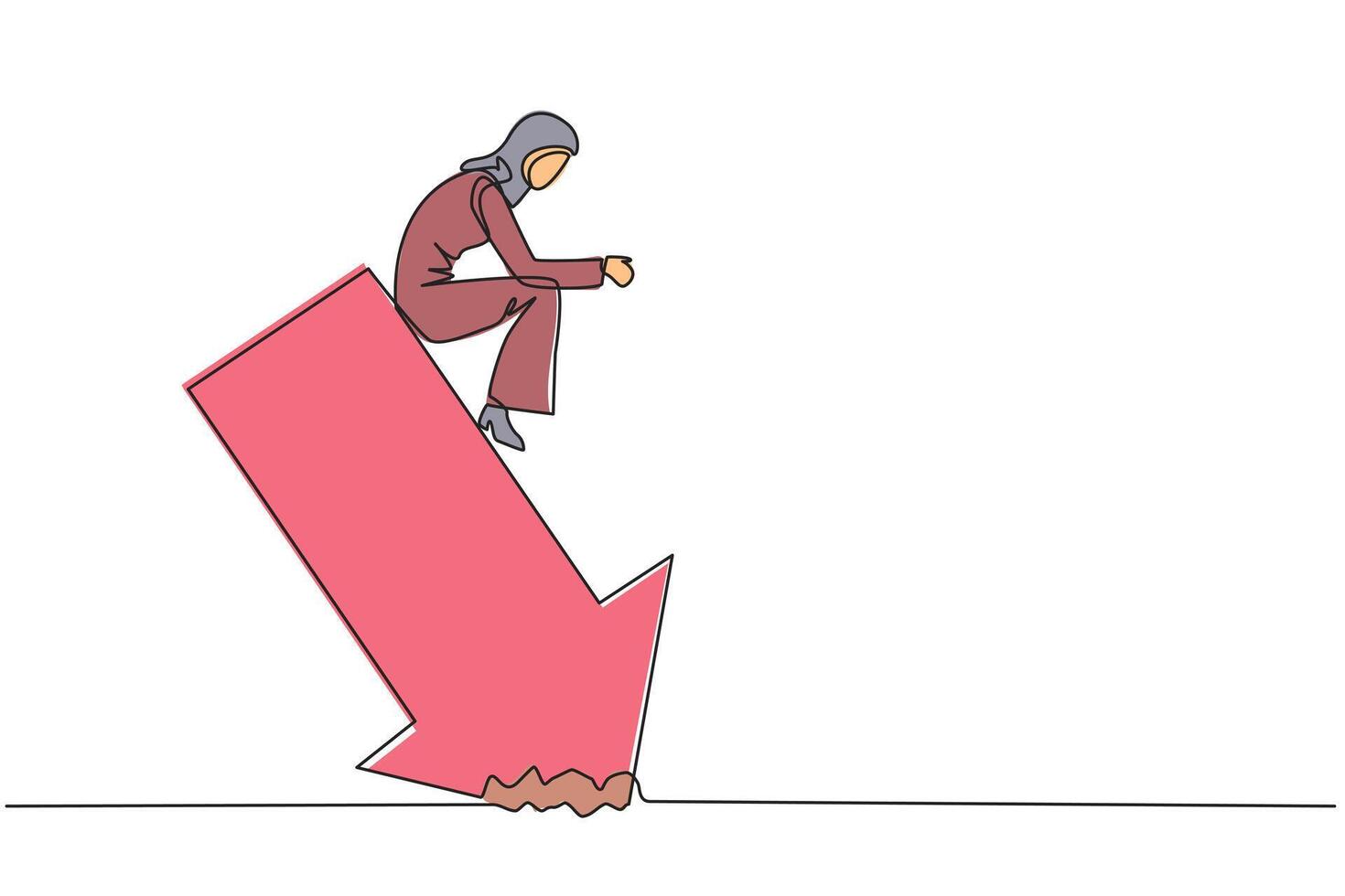 Continuous one line drawing sluggish Arabian businesswoman sits downcast on a swooping arrow stuck in the ground. Losses from the stock exchange. Heavy inflation. Single line draw illustration vector