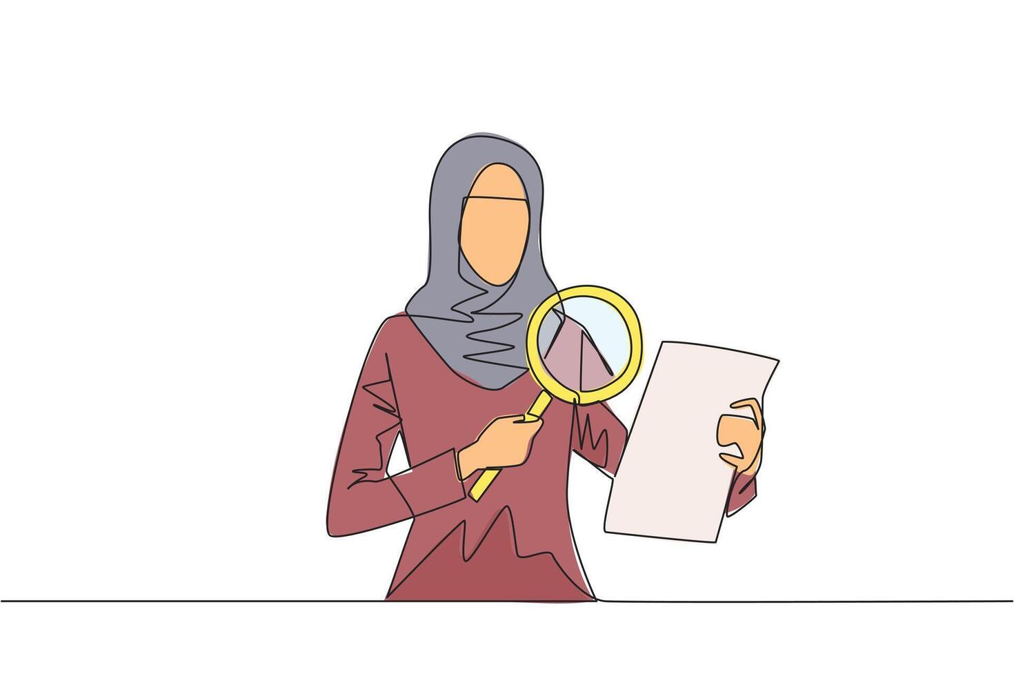Continuous one line drawing of Arabian businesswoman holds piece of paper and checks it with a magnifier. Businesswoman work with research analytics and statistic. Single line draw illustration vector