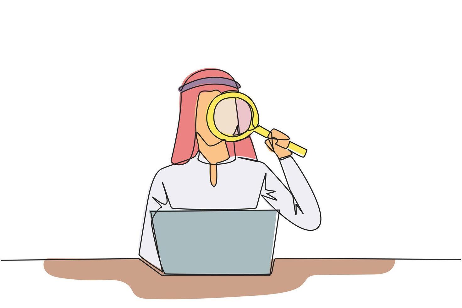 Single continuous line drawing of Arabian businessman is typing in front of laptop computer holding a magnifier. Modern business at this time can be done anytime and anywhere. One line design vector