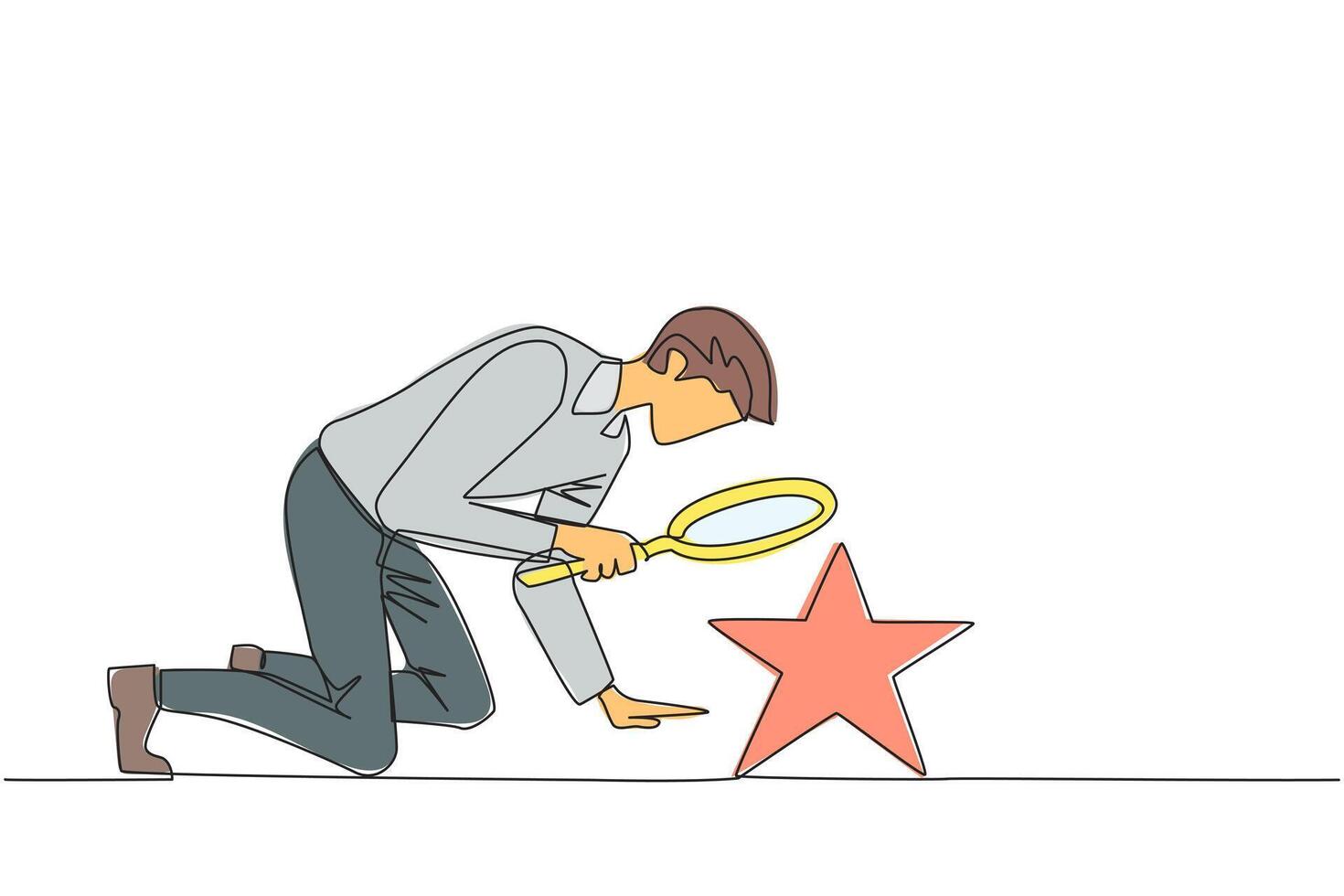 Single continuous line drawing of businessman holds magnifying glass highlighting stars. The high star is the ultimate goal of the business level. Reach dreams. One line design illustration vector