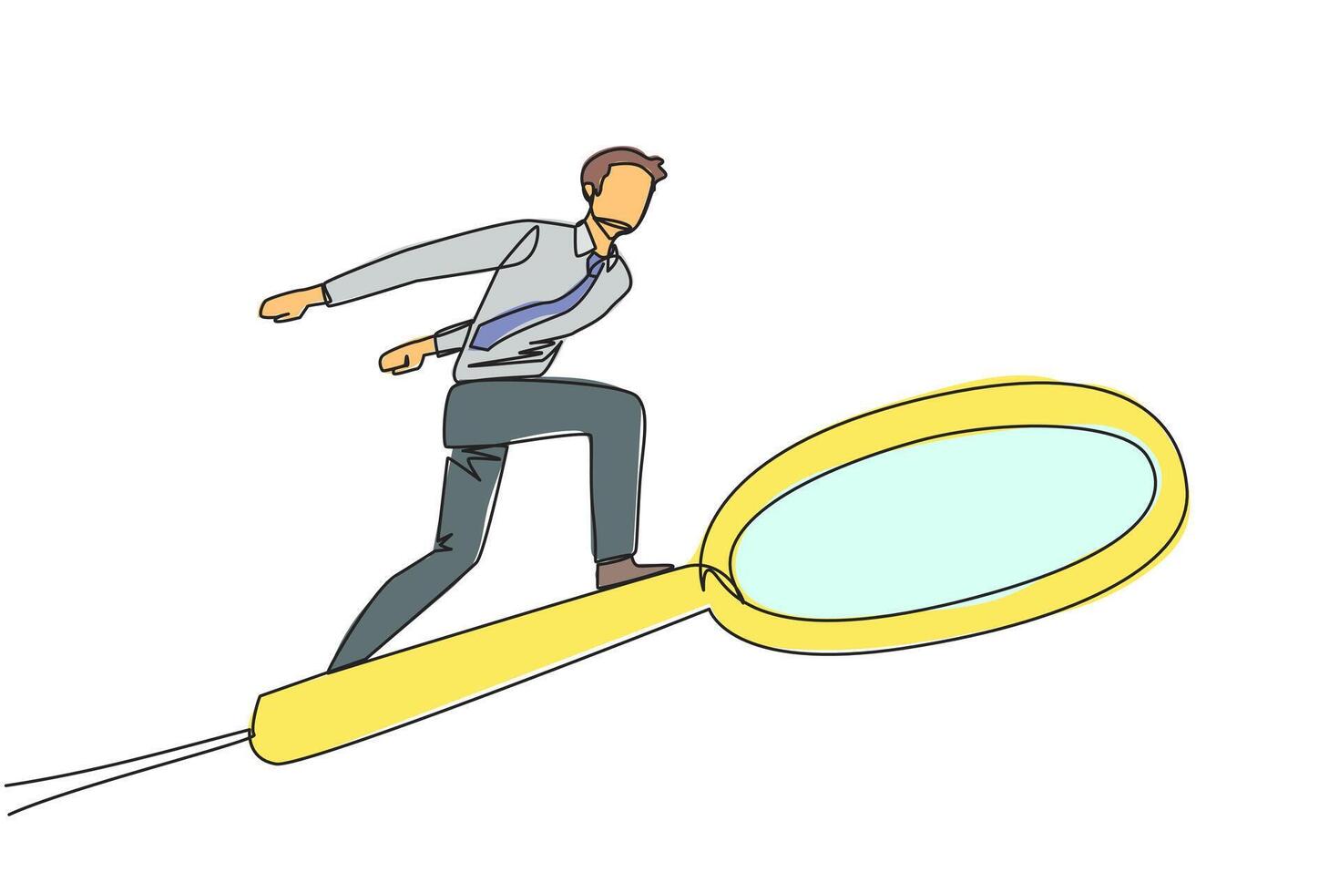 Continuous one line drawing of businessman rides a big magnifier like he's skateboarding. Someone is trying to find the right information among big data. Single line draw design illustration vector