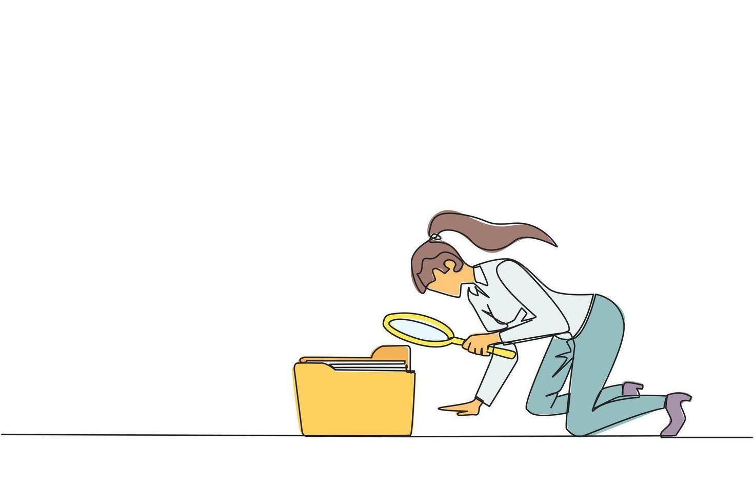 Single one line drawing of businesswoman holds magnifying glass highlighting folder icon. Look for old files are still important to move to a safer place. Continuous line design graphic illustration vector