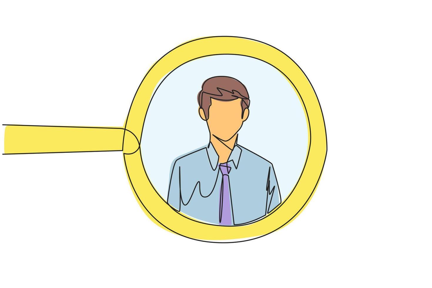 Single one line drawing of the circle of magnifiers highlights to young successful businessman. Resembles an avatar for a photo on social media. Victorious. Continuous line design graphic illustration vector