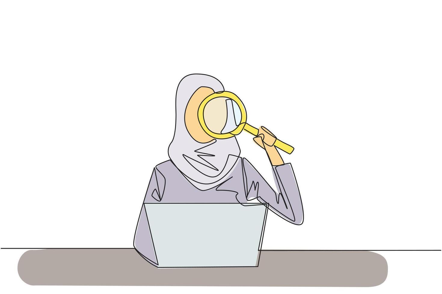 Single continuous line drawing of Arabian businesswoman is typing in front of laptop computer holding a magnifier. Modern business at this time can be done anytime and anywhere. One line design vector