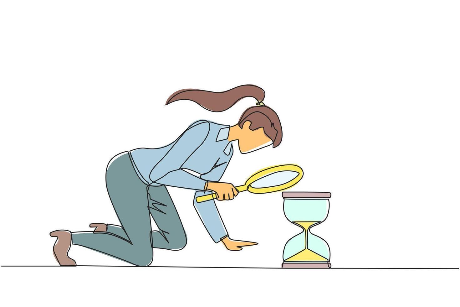 Single one line drawing businesswoman holding magnifying glass looking at hourglass. Businesswoman lack of time to running a business. Bad time management. Continuous line design graphic illustration vector