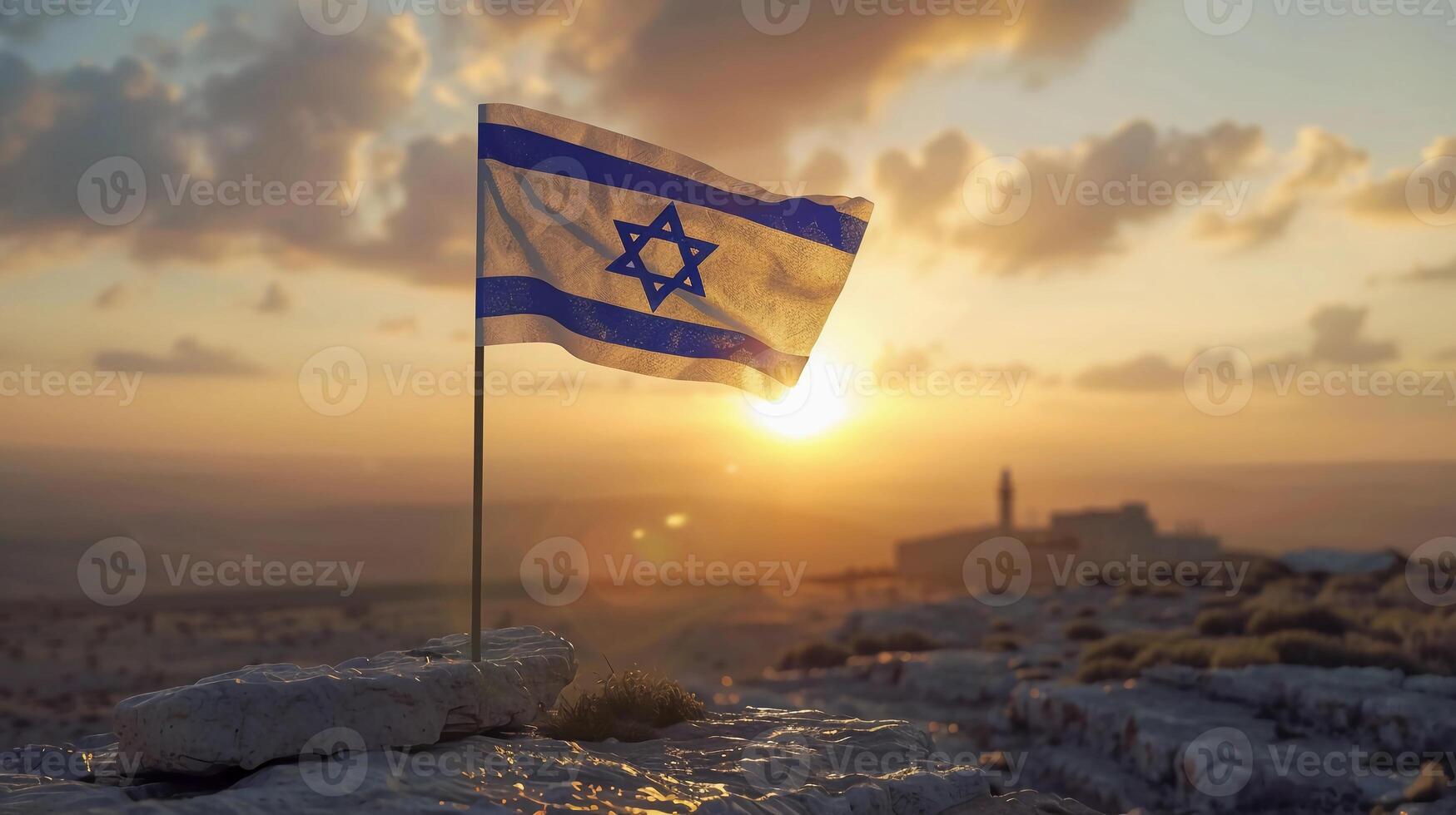 Solemn Israel flag fluttering at dusk. Yom HaZikaron, Israeli Independence Day photo
