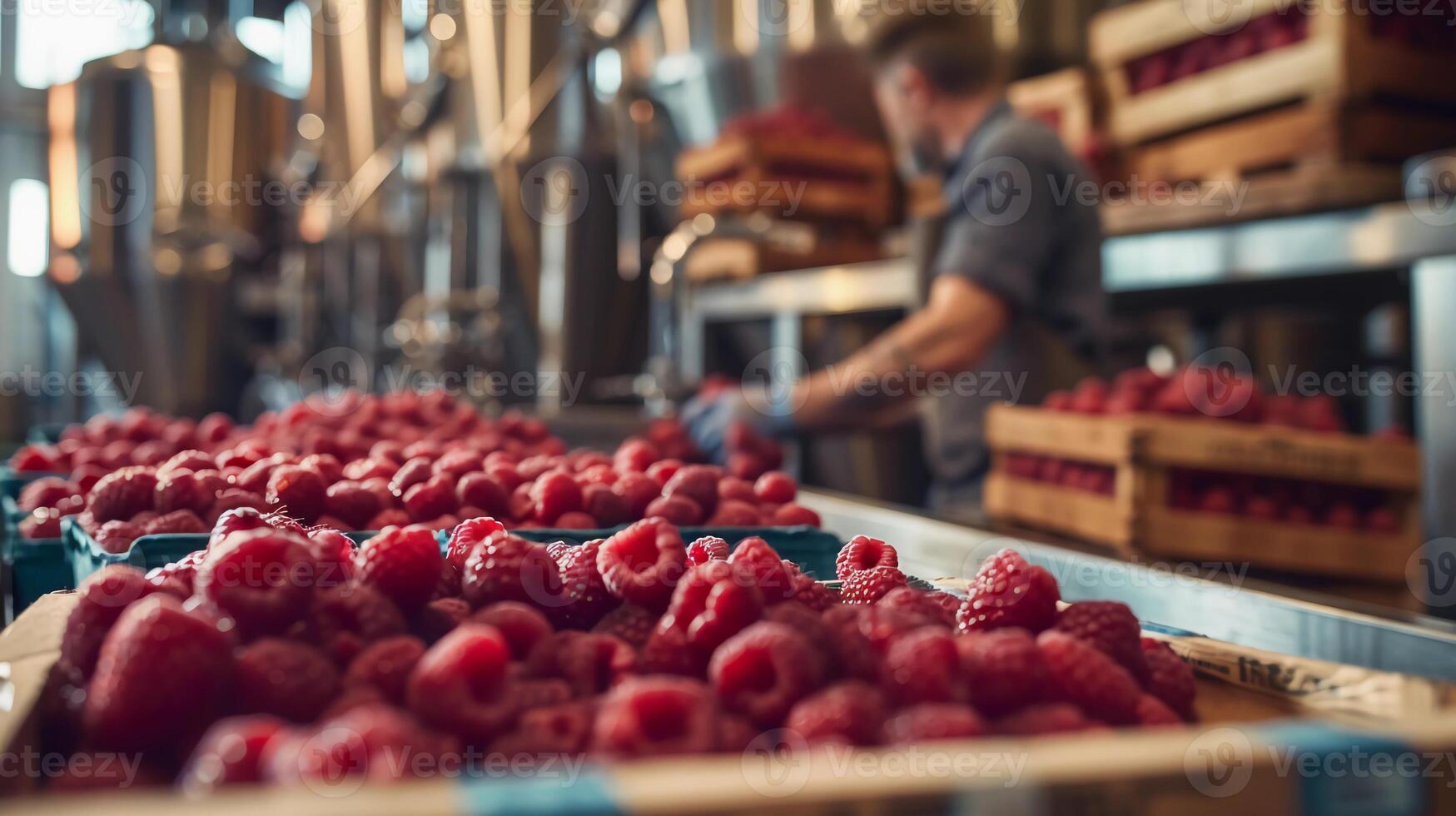 Fresh Raspberries In Focus, Worker Inspecting Production Line, Food Industry, Harvest. photo