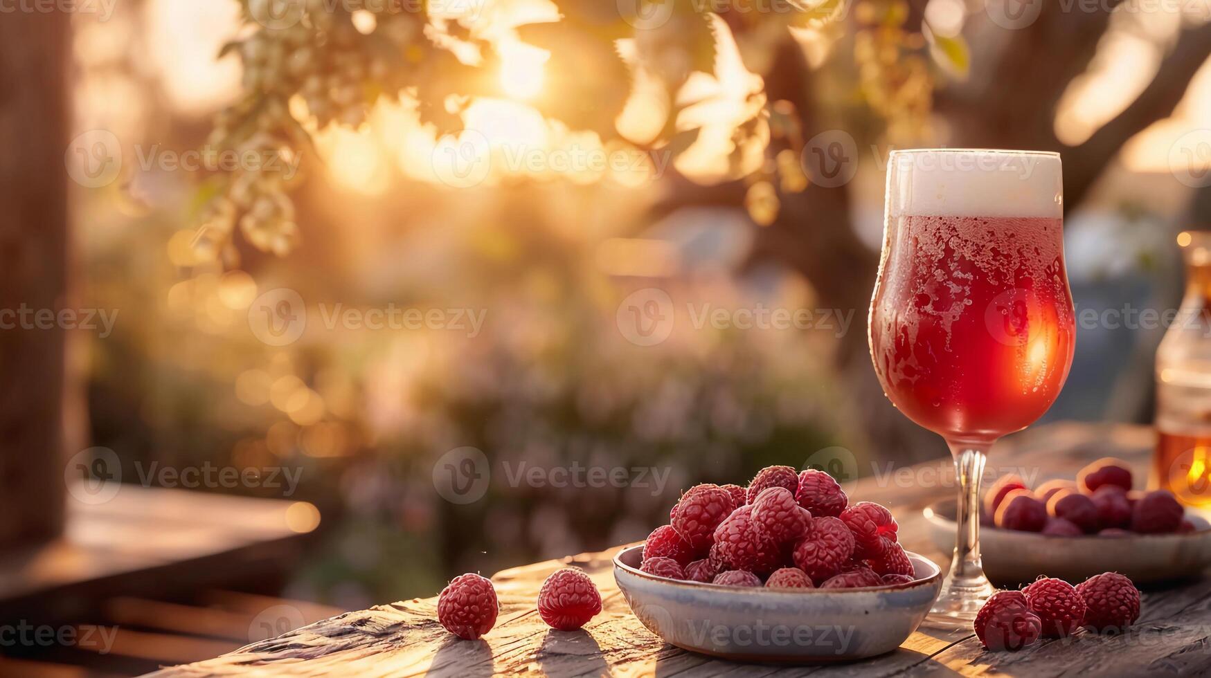 Glass of rich raspberry beer and fresh raspberries on wooden veranda table at sunset. photo