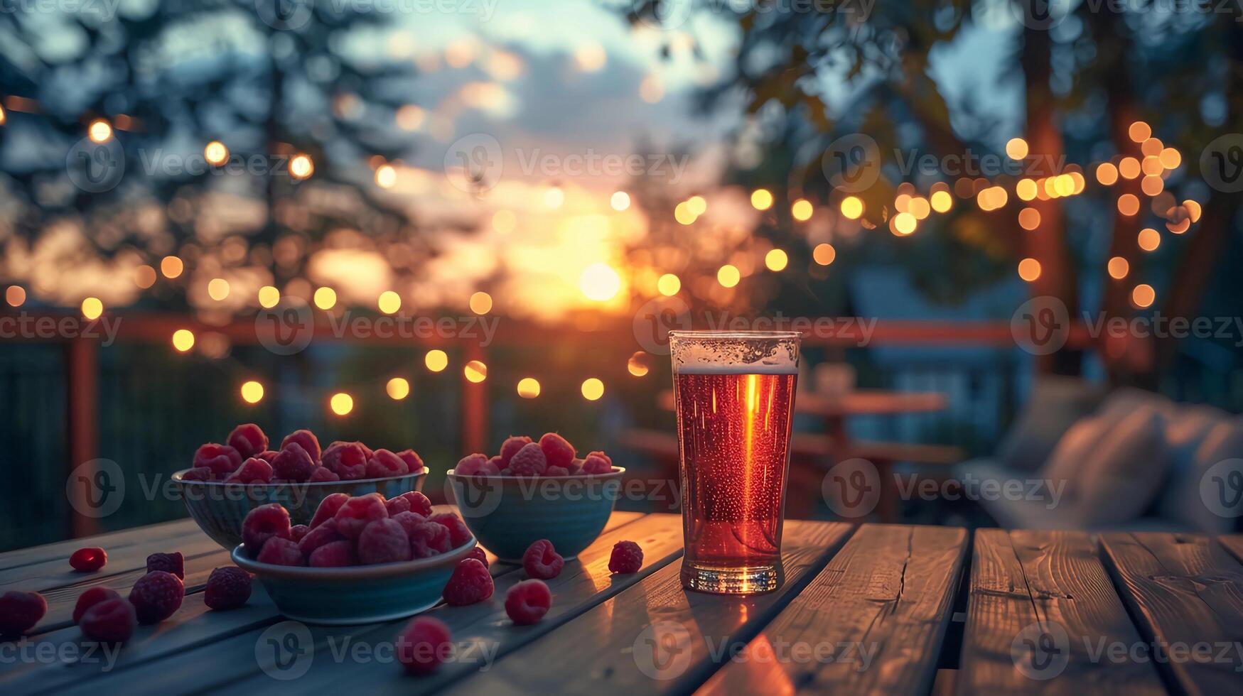 Glass of rich raspberry beer and fresh raspberries on cozy veranda with string lights. photo