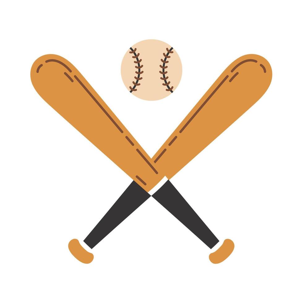 Crossed wooden baseball bats and ball. Professional sports equipment for softball, training, competitions. Game match tools. Hand drawn doodle, cartoon clipart. For print, label, logo vector