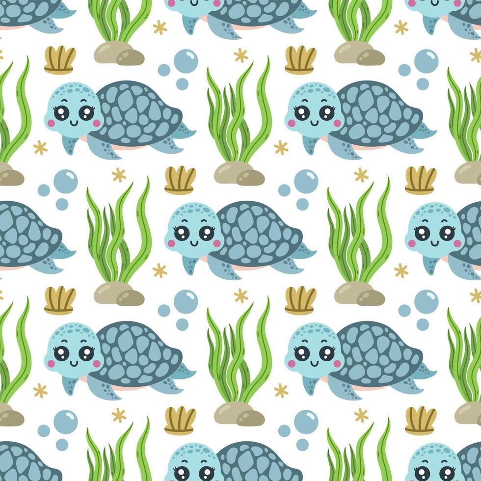 Funny sea turtle seamless pattern. Cute underwater animal swims among shells, reef seaweed, bubbles. Happy ocean reptile, friendly tortoise. Wild marine life, cartoon background for kids vector