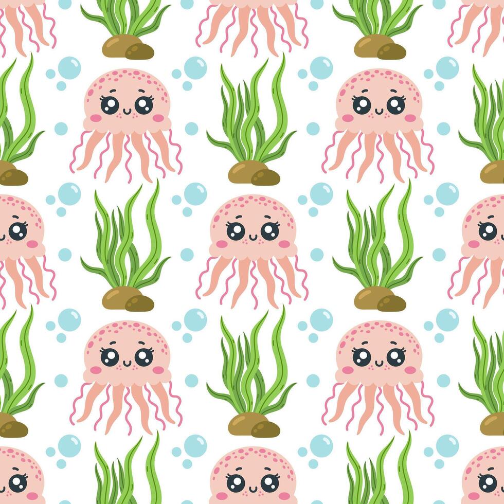 Cute sea jellyfish seamless pattern. A funny pink animal swims among seaweed, bubbles. Happy aquarium pet with tentacles. Underwater ocean creature, wild life. Cartoon marine background vector