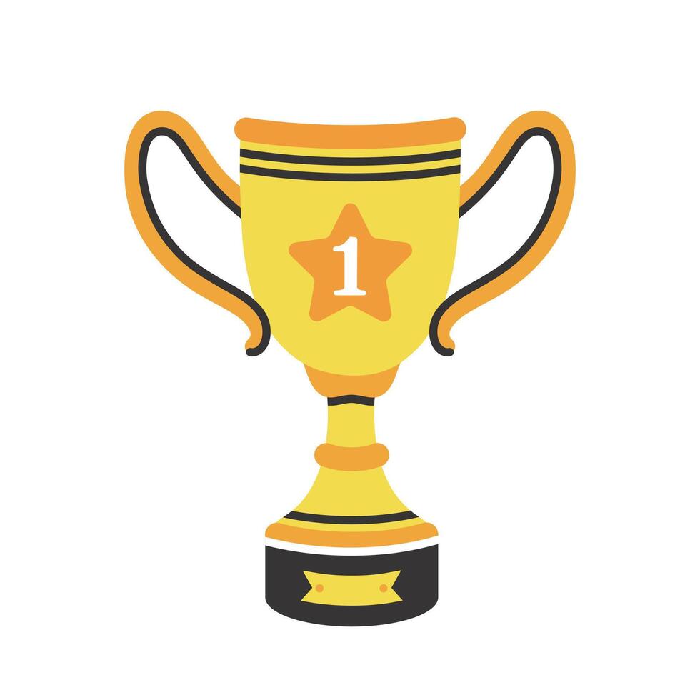 Gold cup icon. Sports prize, winner trophy. Best champion award, first place. Goblet of victory with star, handles, name plate. A gift for winning a competition, game, event. Hand drawn clipart vector