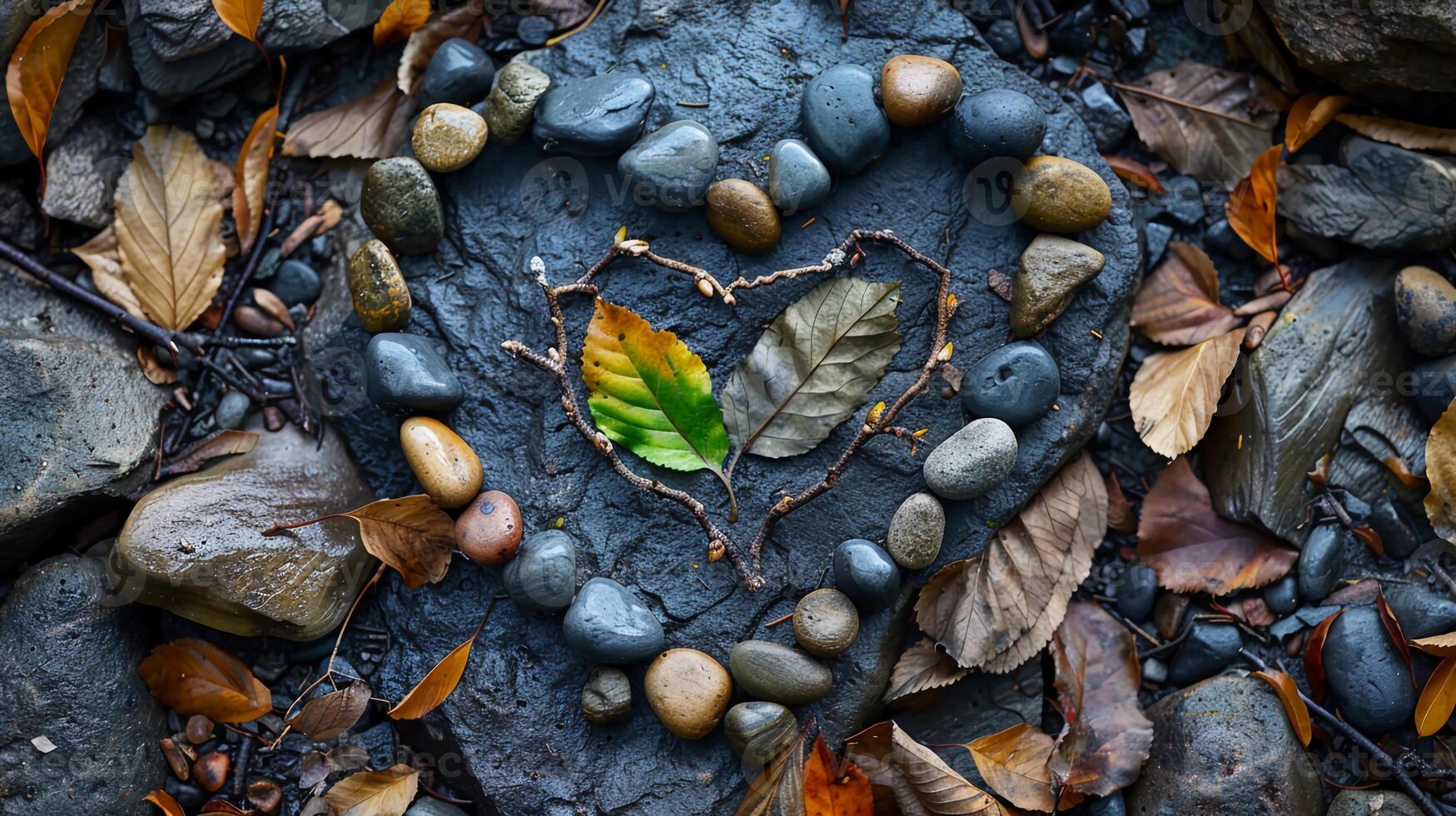 Heart Made from Stones, Green Leaves, and Twigs. Love for Environment, Earth Day. photo