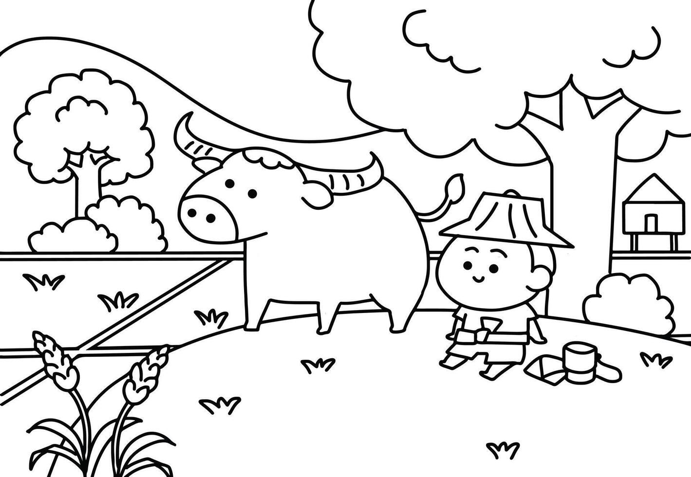 Little farmer relaxing at the farm. vector