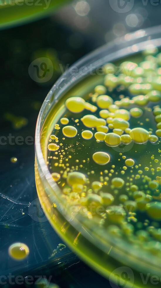 Petri Dish with a growing green Bacterial culture. Microbiology and Biotechnology. photo