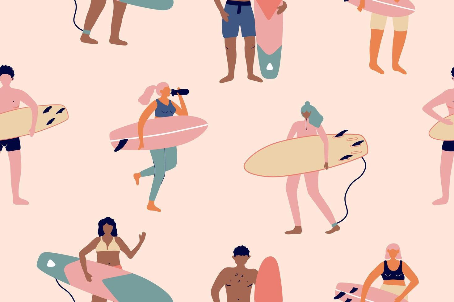 Summer beach seamless pattern with surfers. Surf illustration in cartoon style. vector