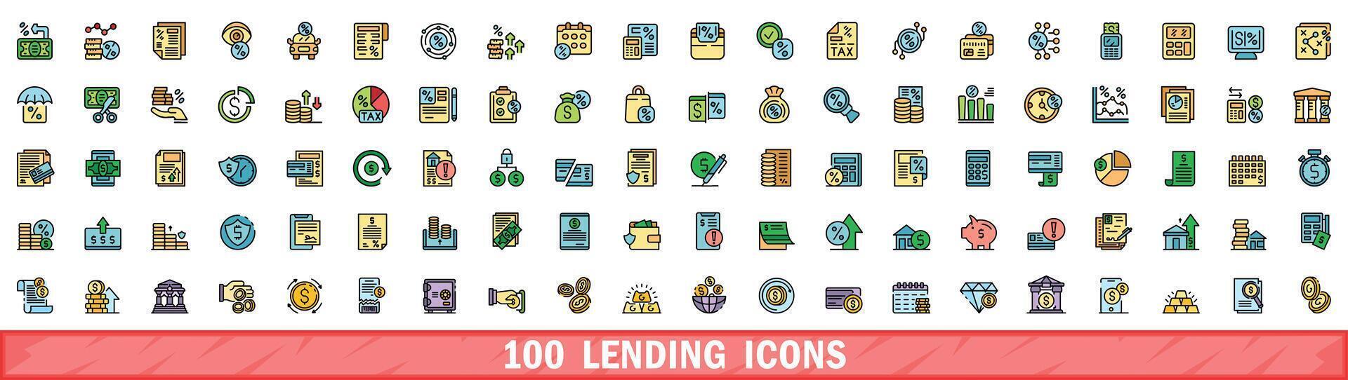 100 lending icons set, color line style vector