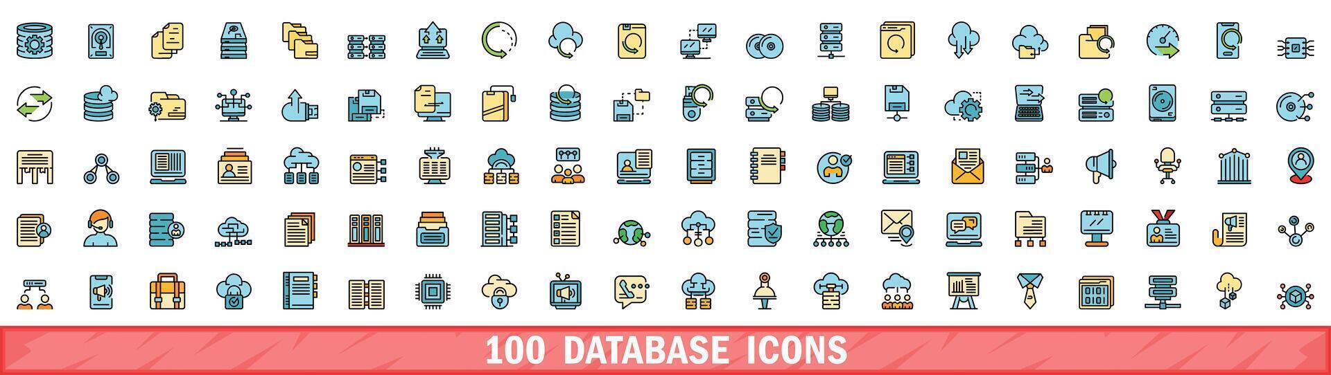 100 database icons set, color line style vector