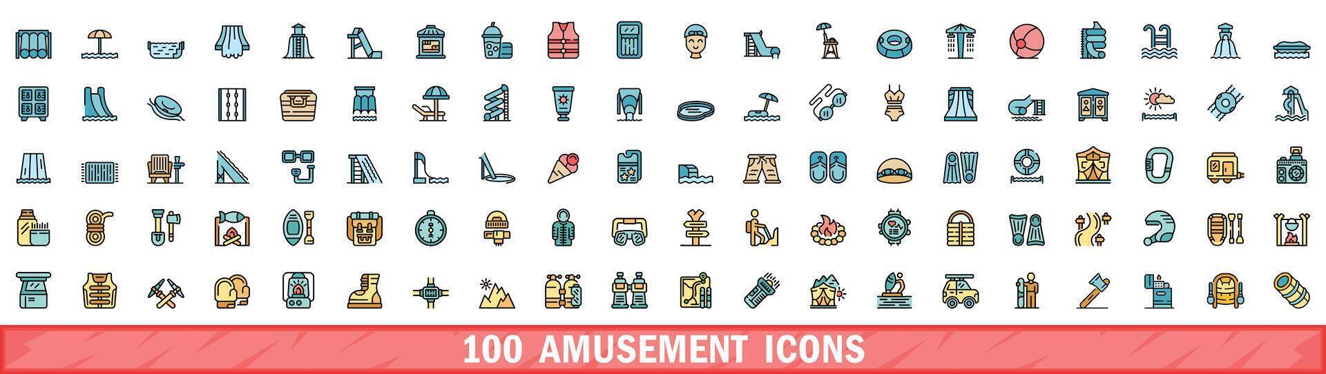 100 amusement icons set, color line style vector